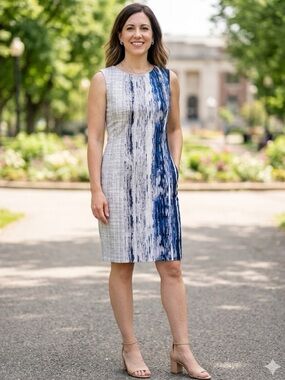 Tahari Abstract Painterly Sheath Dress - Tailored Cotton Blend - Size Small